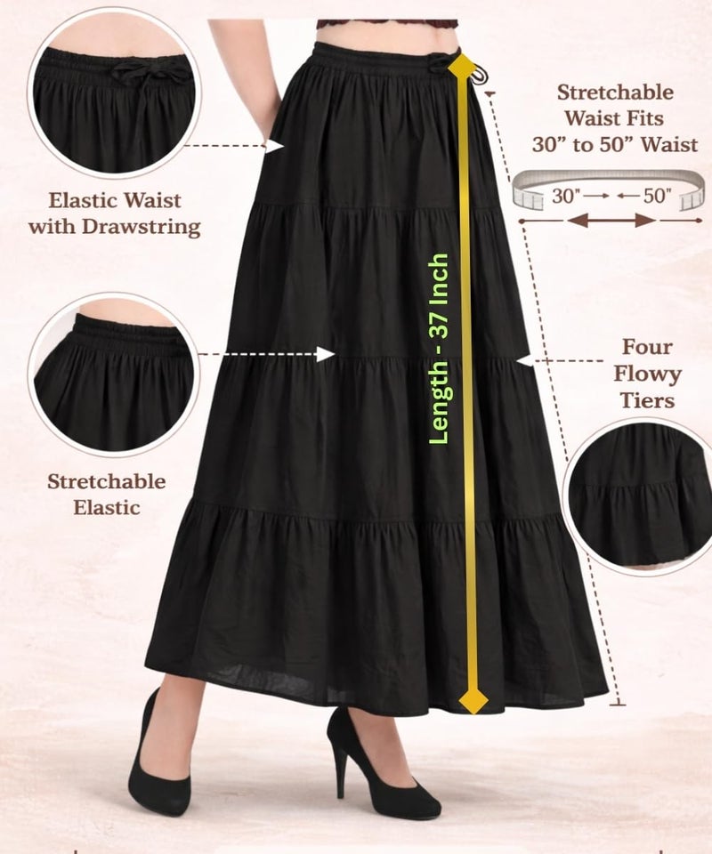 Wevez 12 Yards Long Black Skirt for Women American Belly Dance 4 Tiered Black Cotton Skirts - Image 2